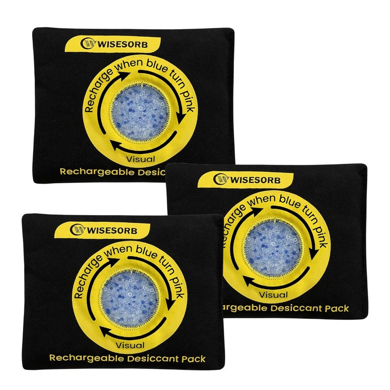 Wisesorb 100g Reusable Silica Gel Desiccant Packs, Rechargeable Dehumidifier Moisture Absorbers with Color Indicator for Bins, Gun Safes, Suitcases, 3D Printing Filaments, Electronics, Cars [3 Pack] - Image 1